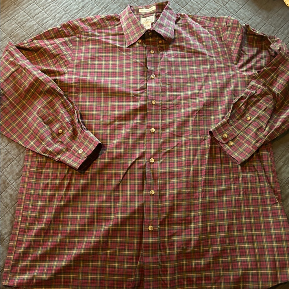 LL Bean Mens XL Tall Plaid‎ Button Down Shirt Wrinkle Resistant Burgundy 218574